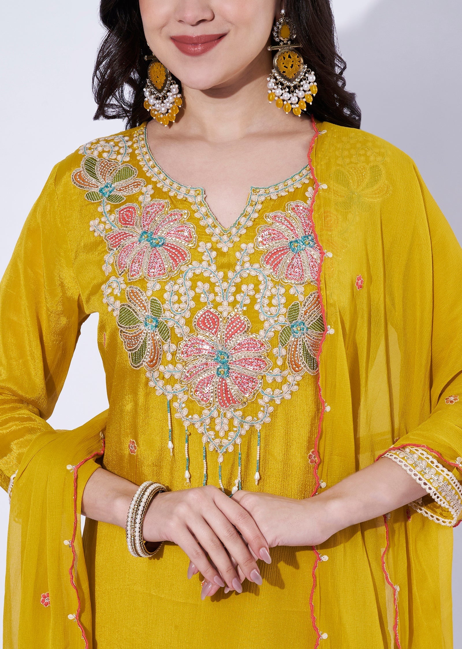 Yellow Chinnon straight cut kurti set