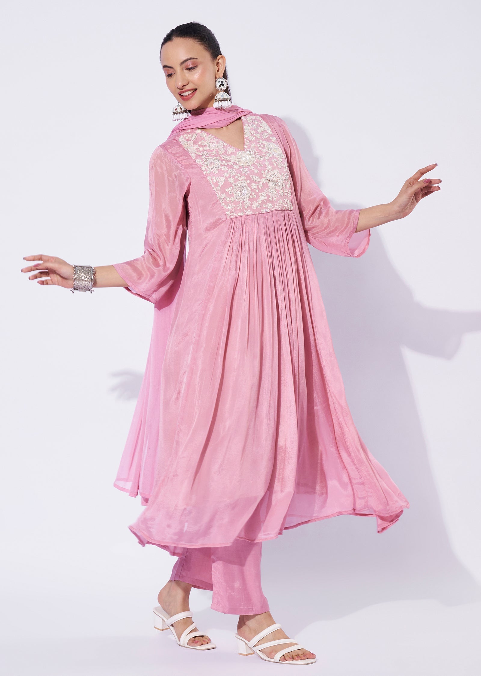 Baby Pink Chinnon Anarkali Suit