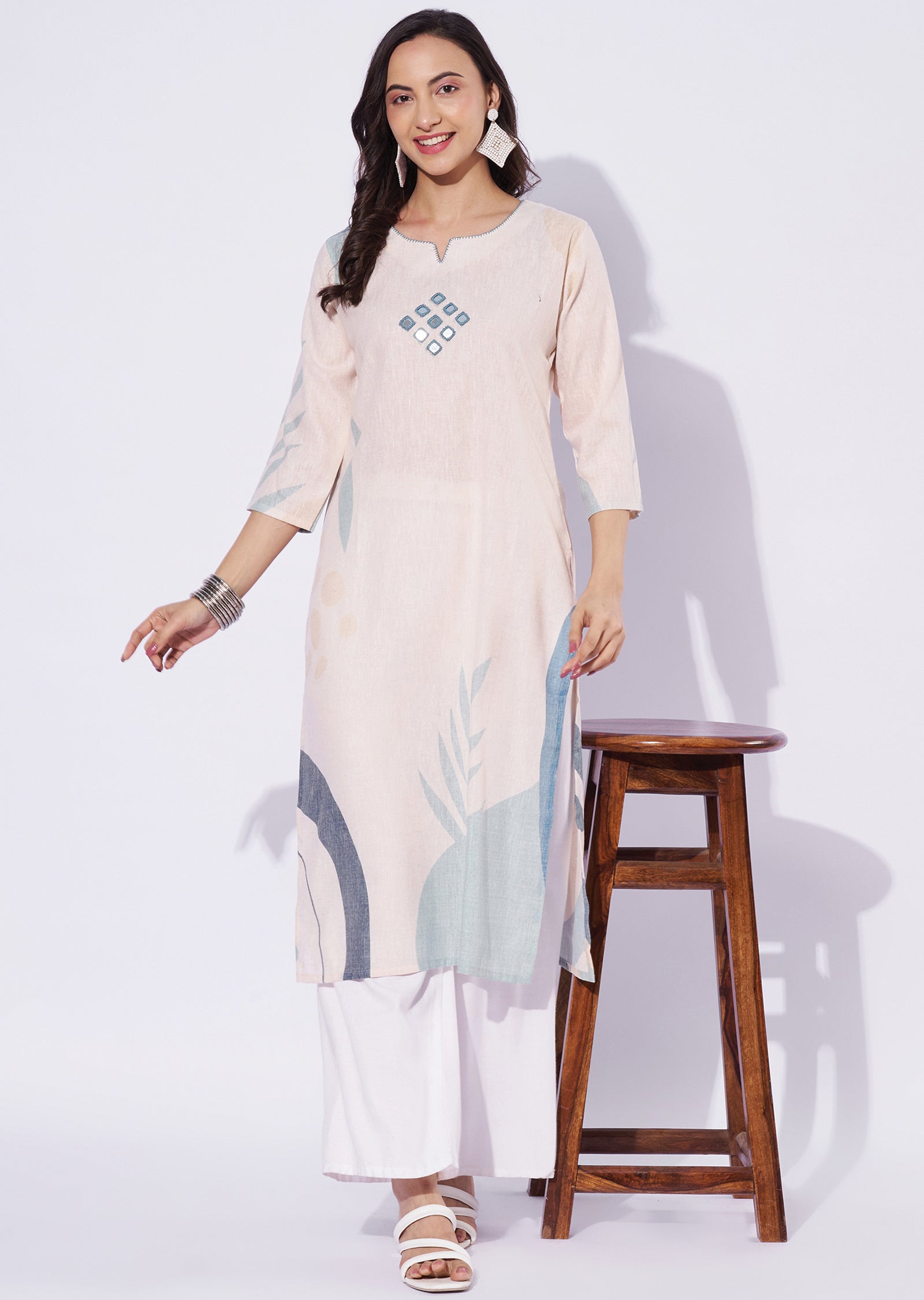 Cream Cotton Straight Cut Kurti