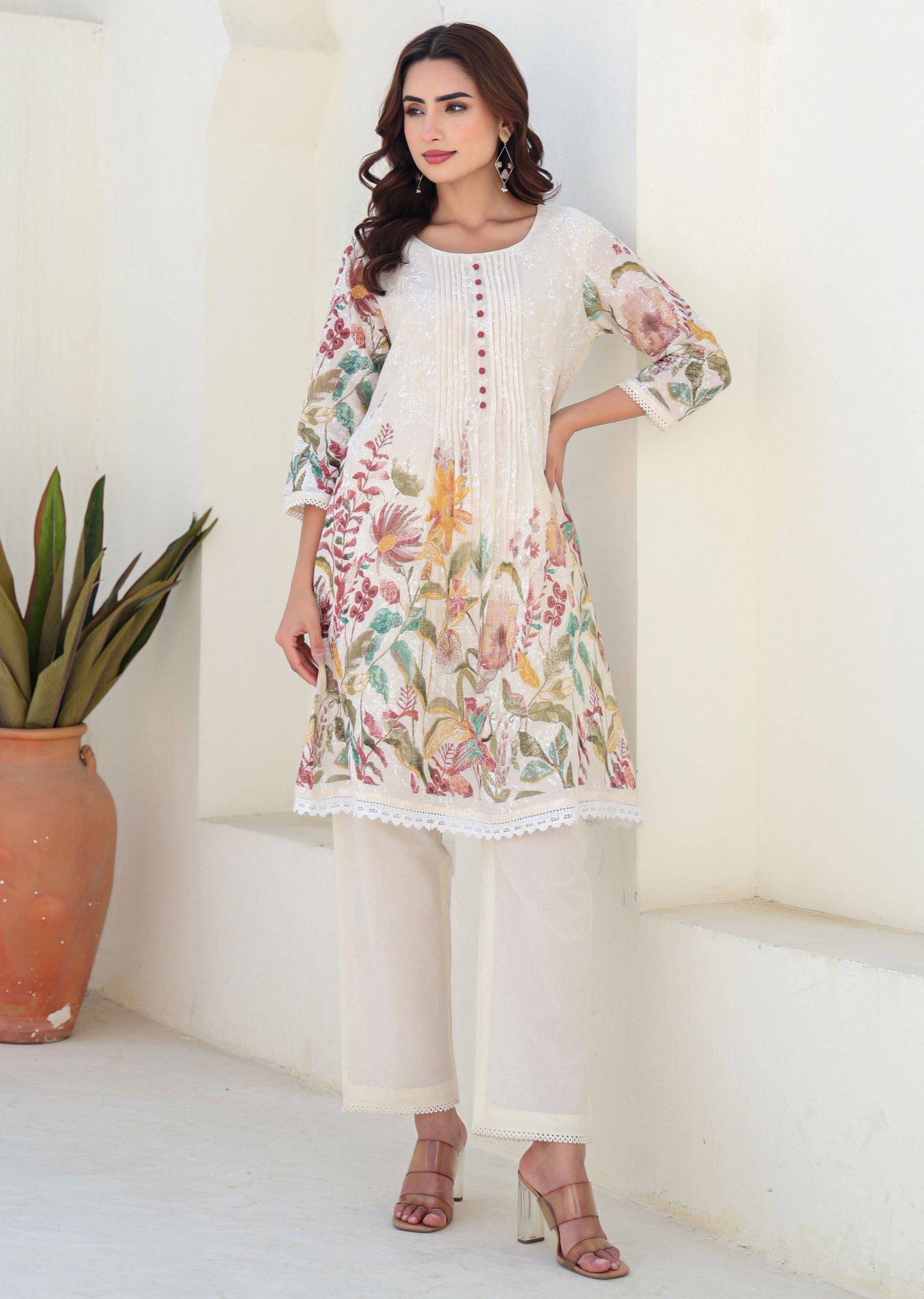 Cream Cotton Straight Cut Kurti Set