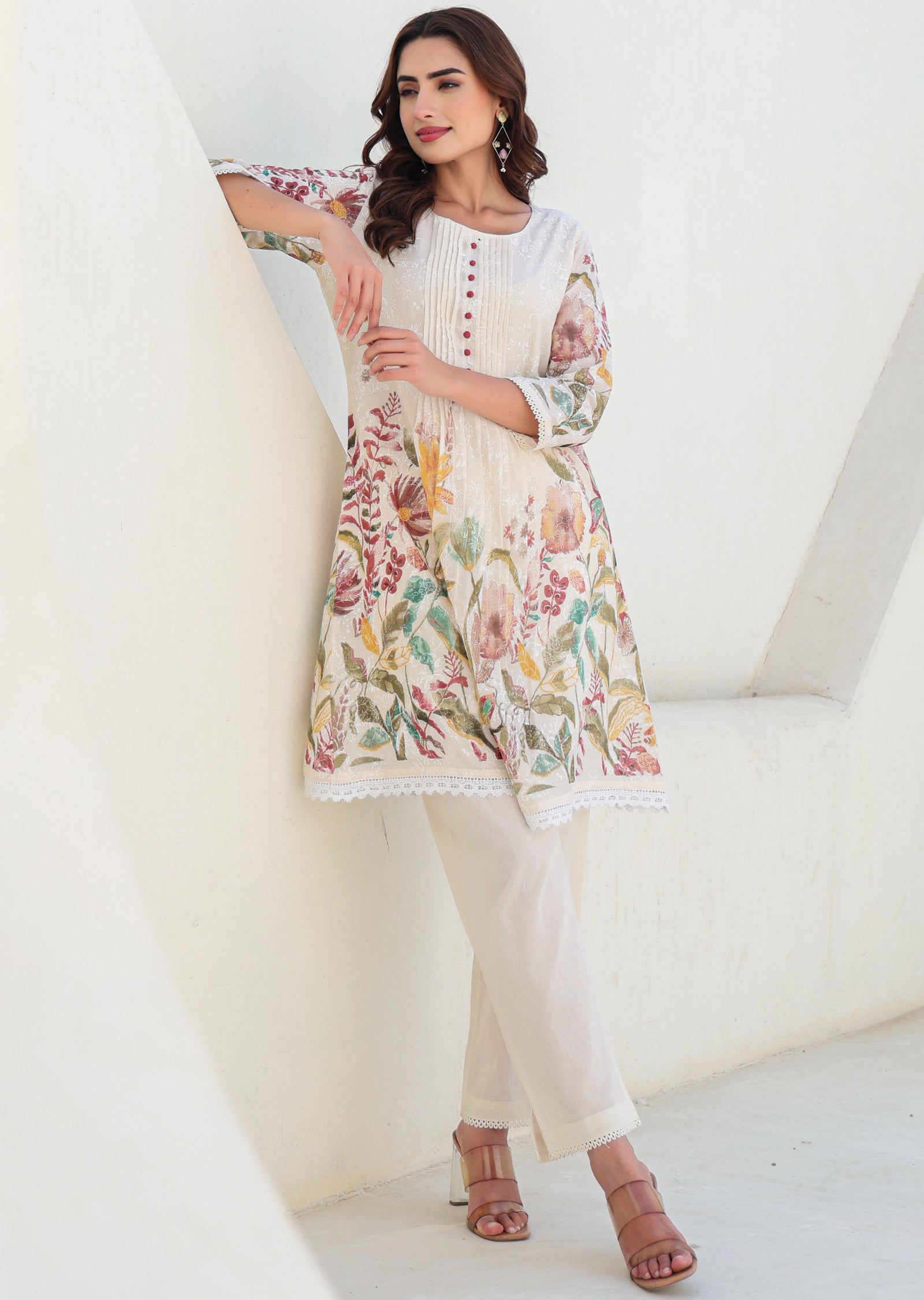 Cream Cotton Straight Cut Kurti Set