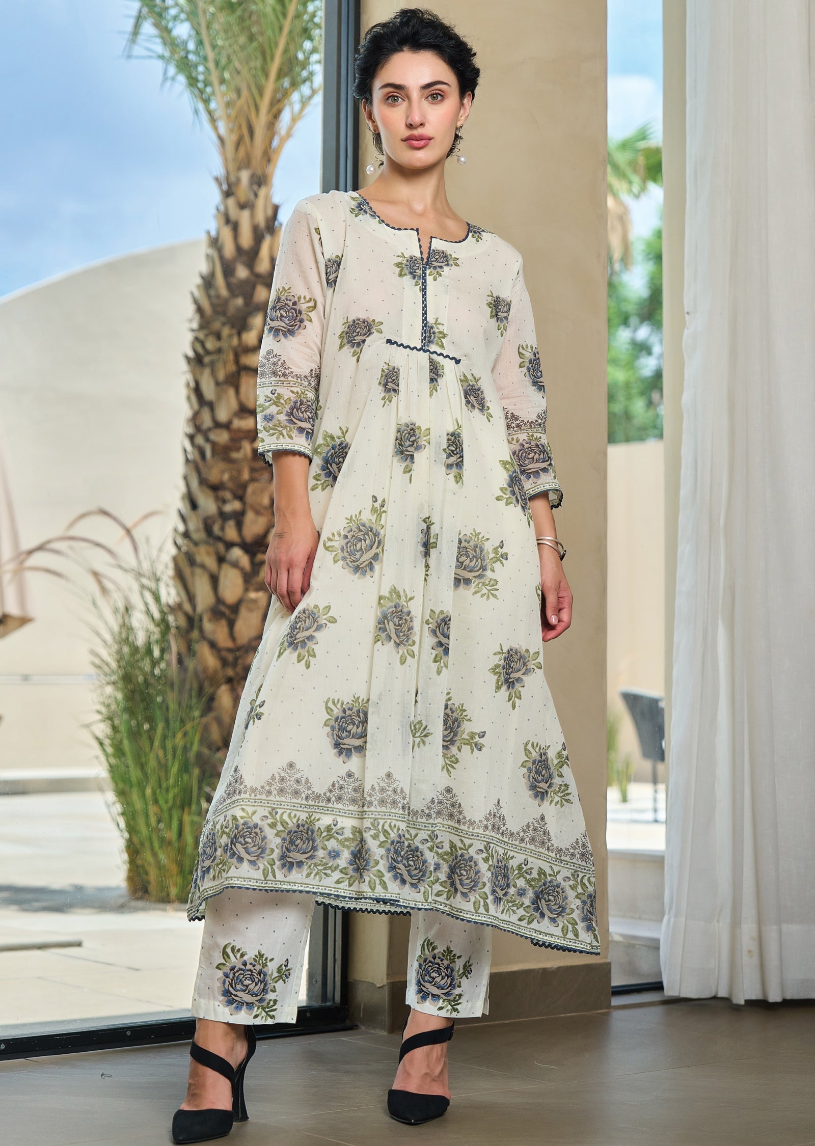 Cream Cotton Straight Cut Kurti Set