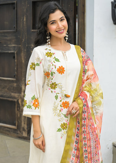 Cream Chanderi Straight Cut Suit
