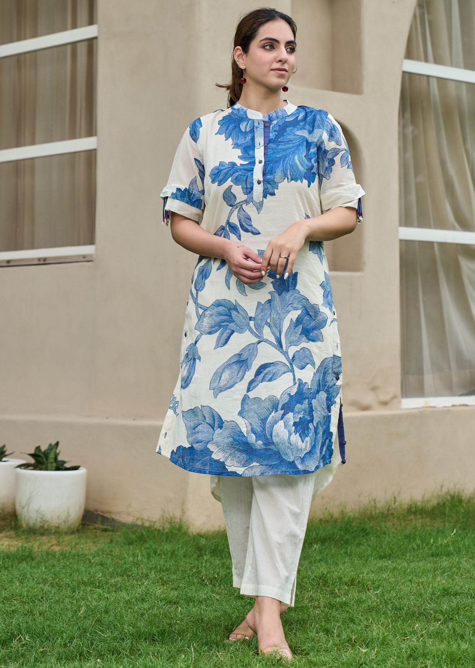 Blue Cotton Straight Cut Kurti Set