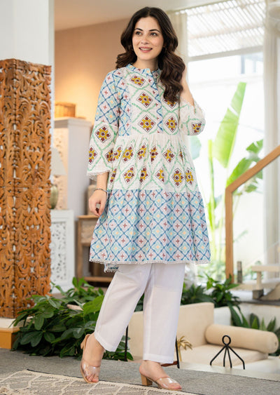 Off White Cotton Straight Cut Kurti Set