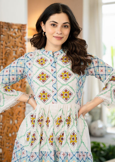 Off White Cotton Straight Cut Kurti Set