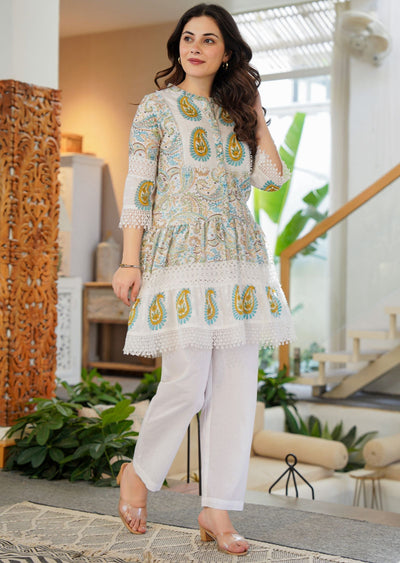 Off White Cotton Straight Cut Kurti Set