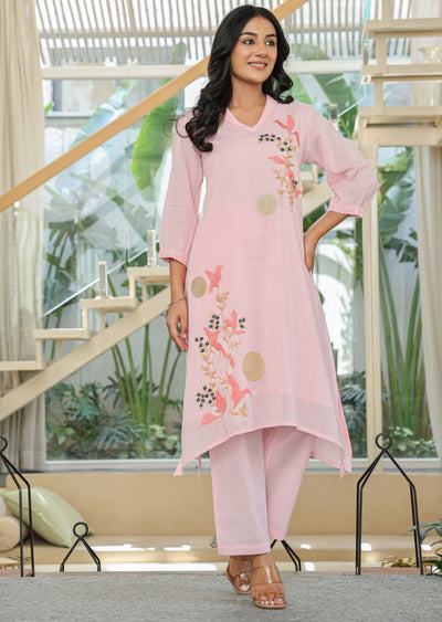 Pink Cotton Straight Cut Kurti Set