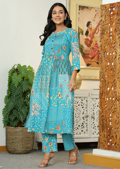 Blue Cotton Straight Cut Kurti Set