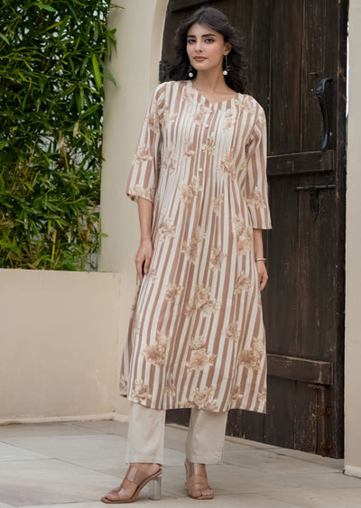 Brown Cotton Straight Cut Kurti Set