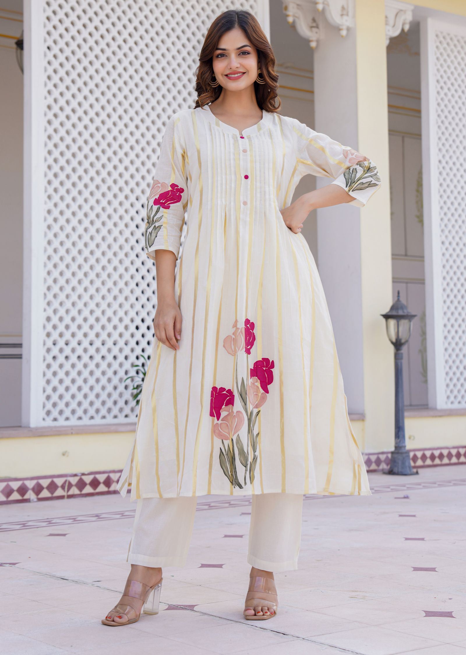 Cream Cotton Straight Cut Kurti Set