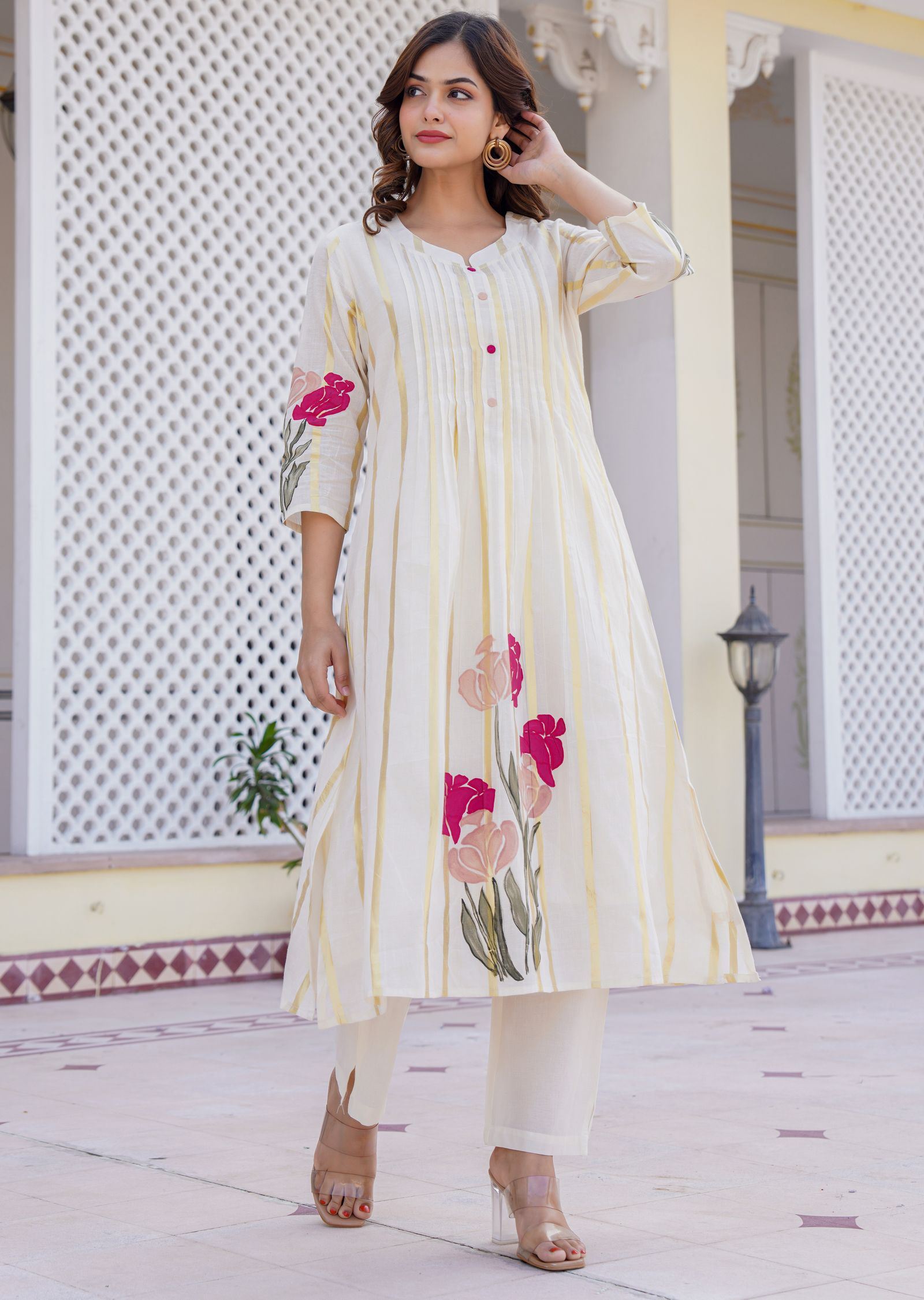 Cream Cotton Straight Cut Kurti Set