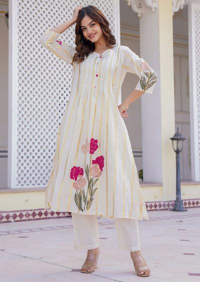 Cream Cotton Straight Cut Kurti Set