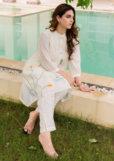 Cream Chanderi Straight Cut Kurti Set