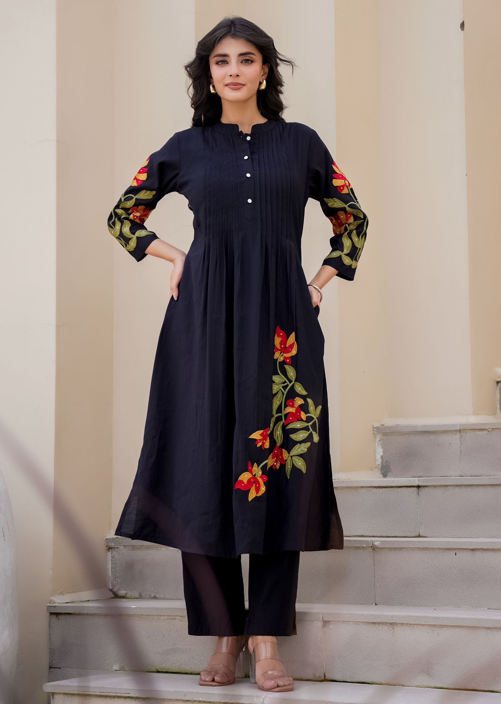 Navy Blue Russian Silk Straight Cut Kurti Set