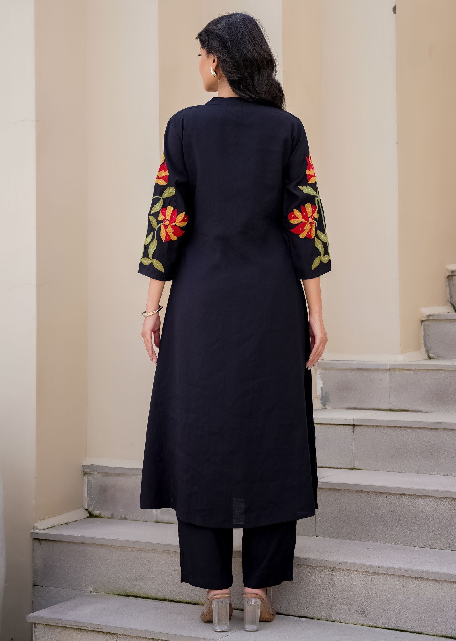 Navy Blue Russian Silk Straight Cut Kurti Set