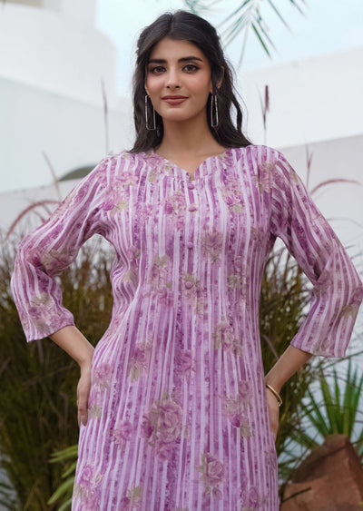 Mauve Cotton Straight Cut Kurti Set