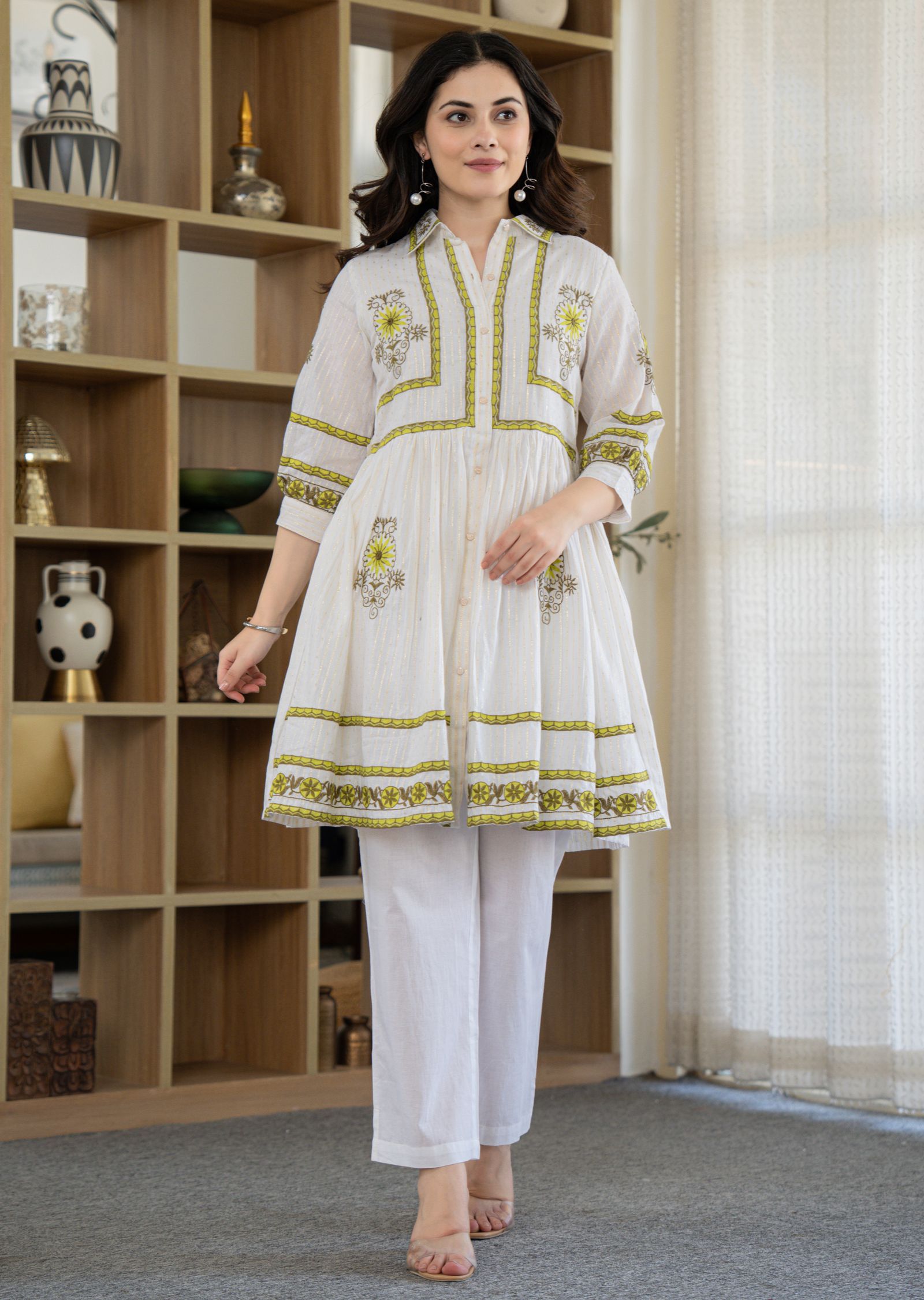 Off White Cotton Straight Cut Kurti Set