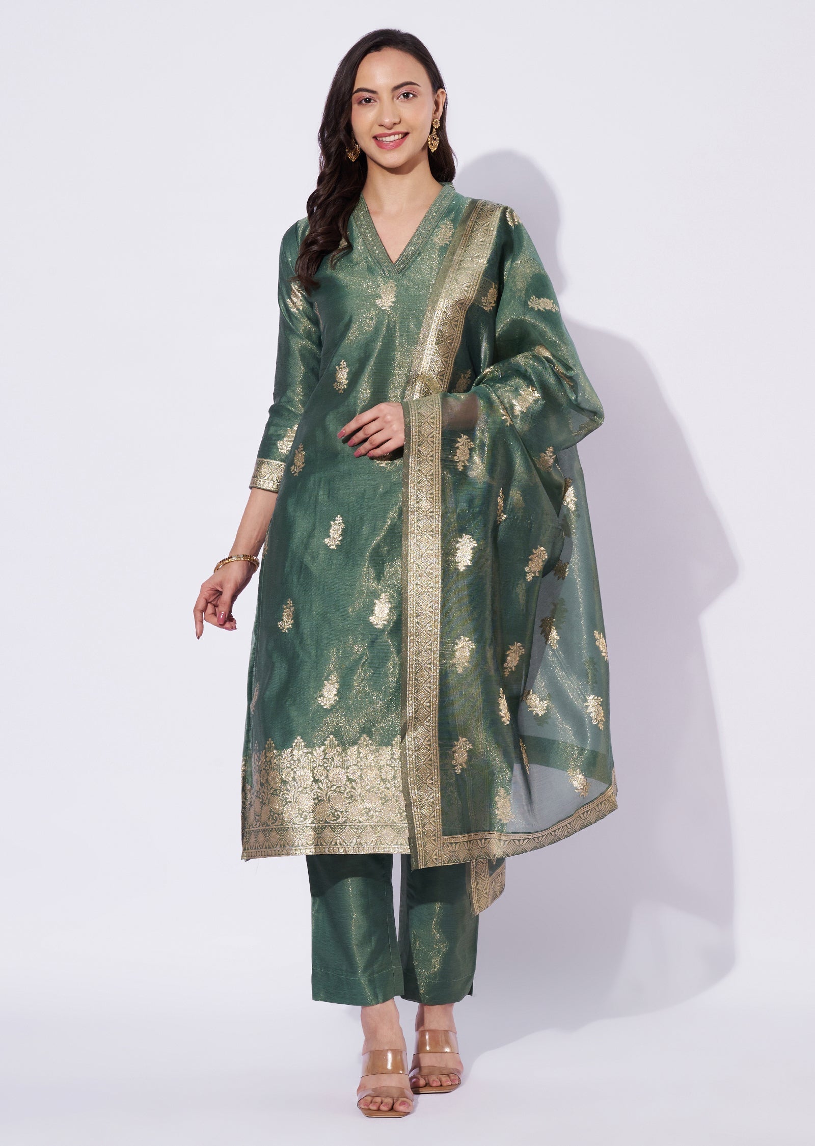 Green Tissue Straight Cut Kurti