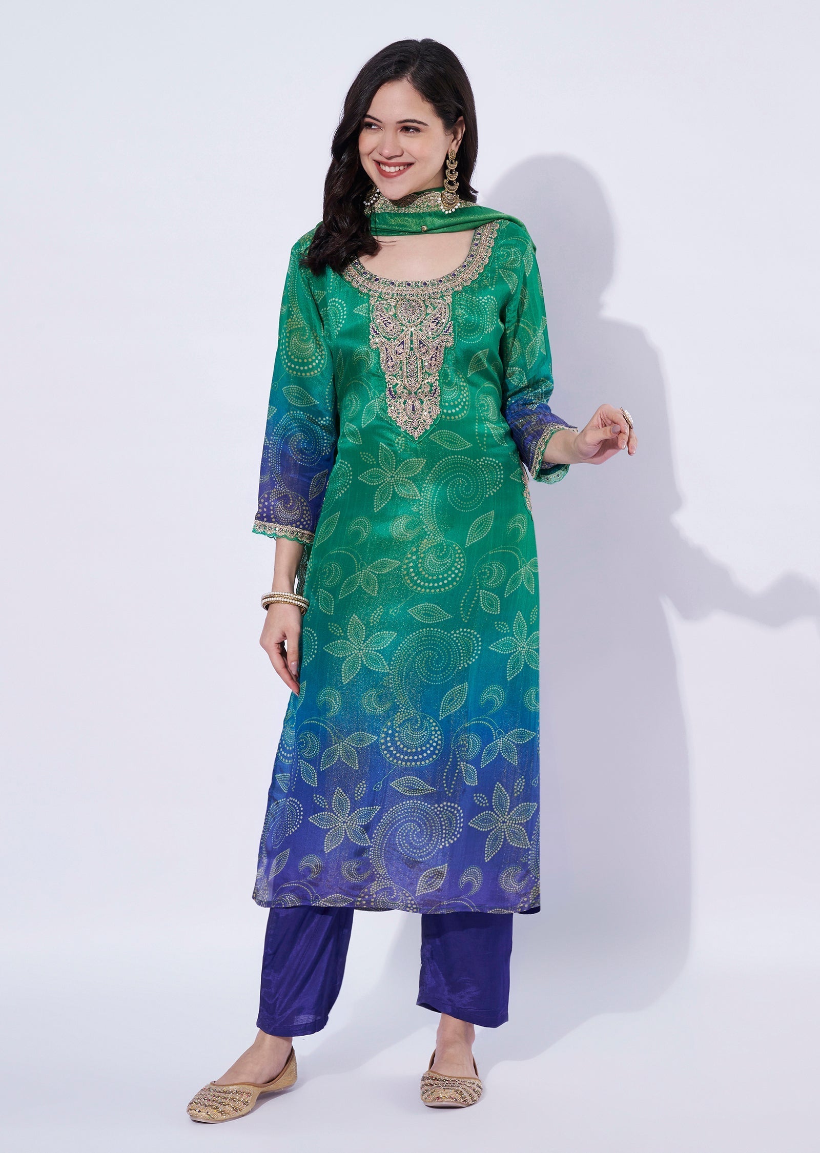 Green-Blue tissue straight cut Kurti set