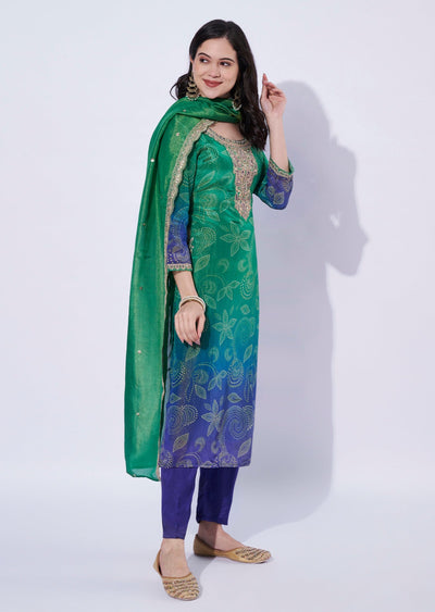 Green-Blue tissue straight cut Kurti set