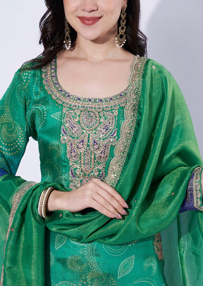 Green-Blue tissue straight cut Kurti set