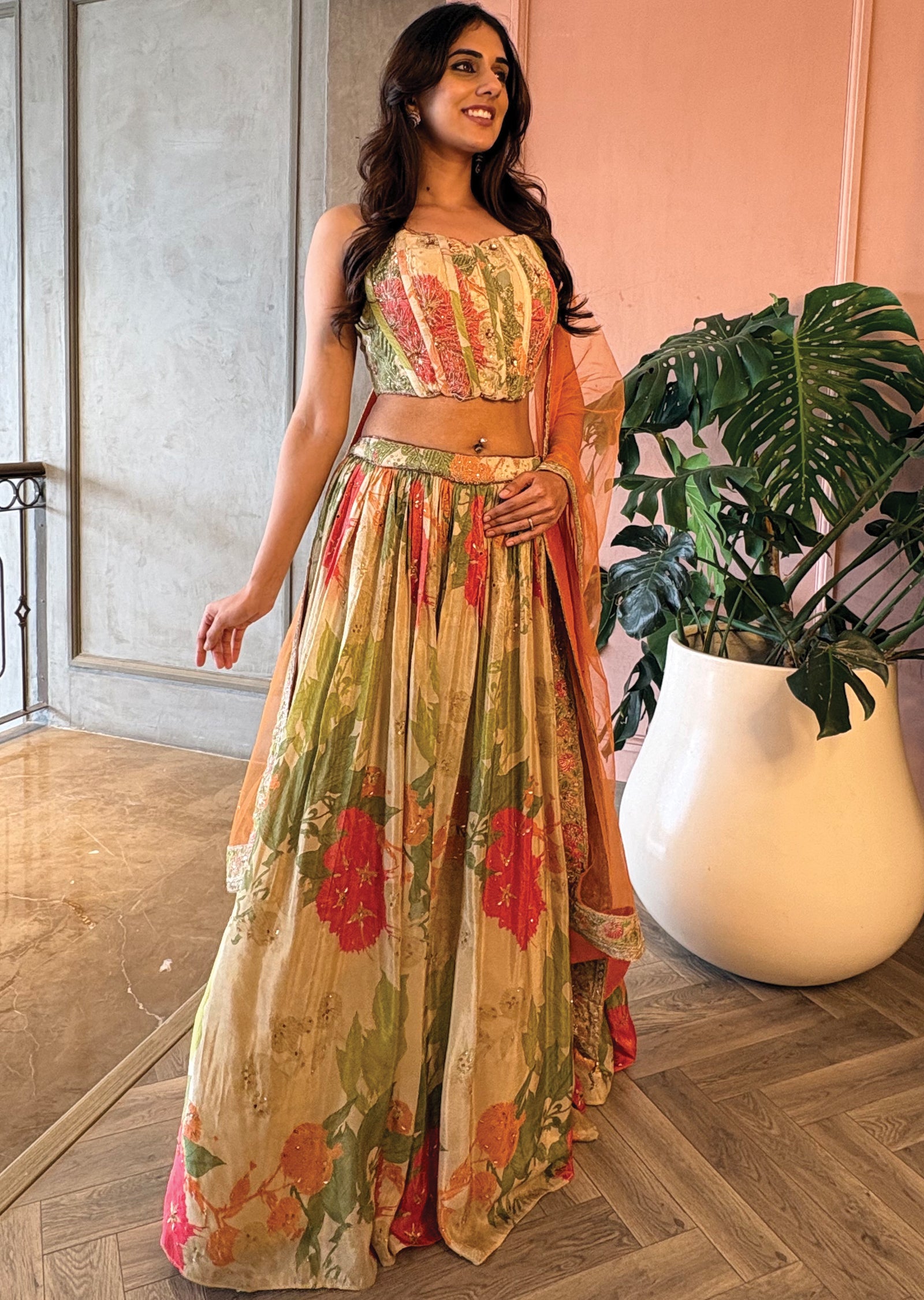 Floral printed tissue corset lehenga