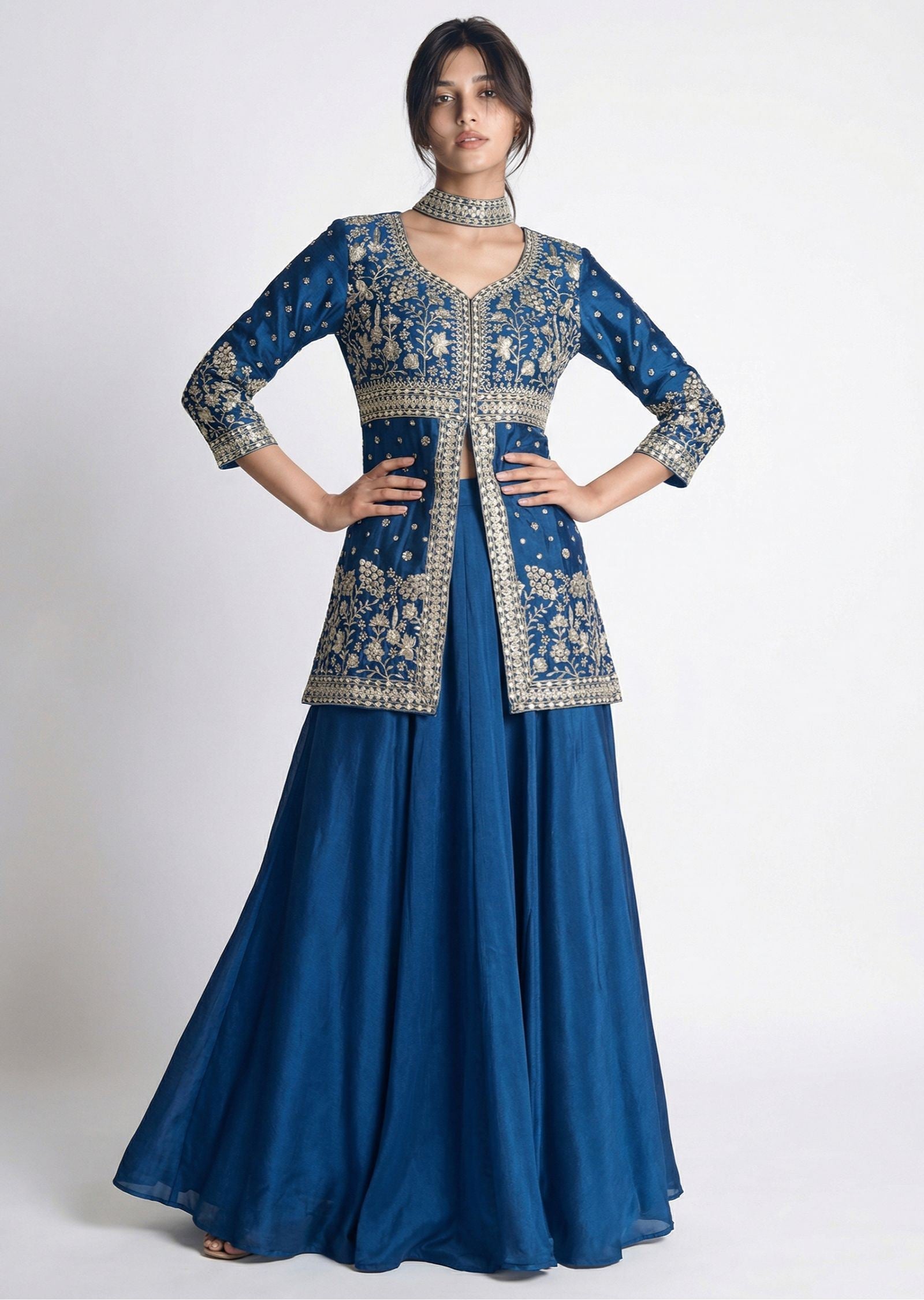 Teal Blue Embroidered Kurti & Palazzo