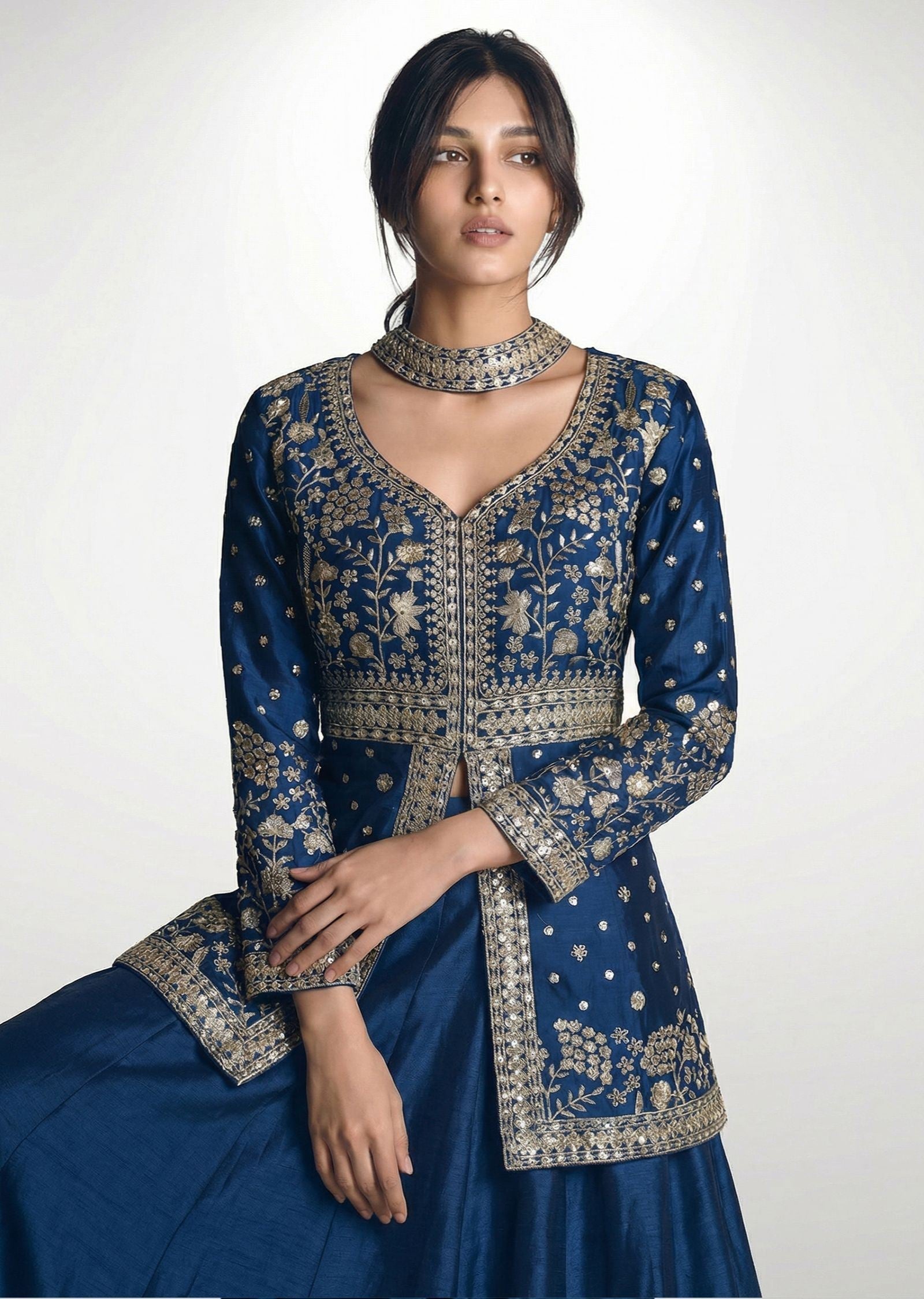 Teal Blue Embroidered Kurti & Palazzo