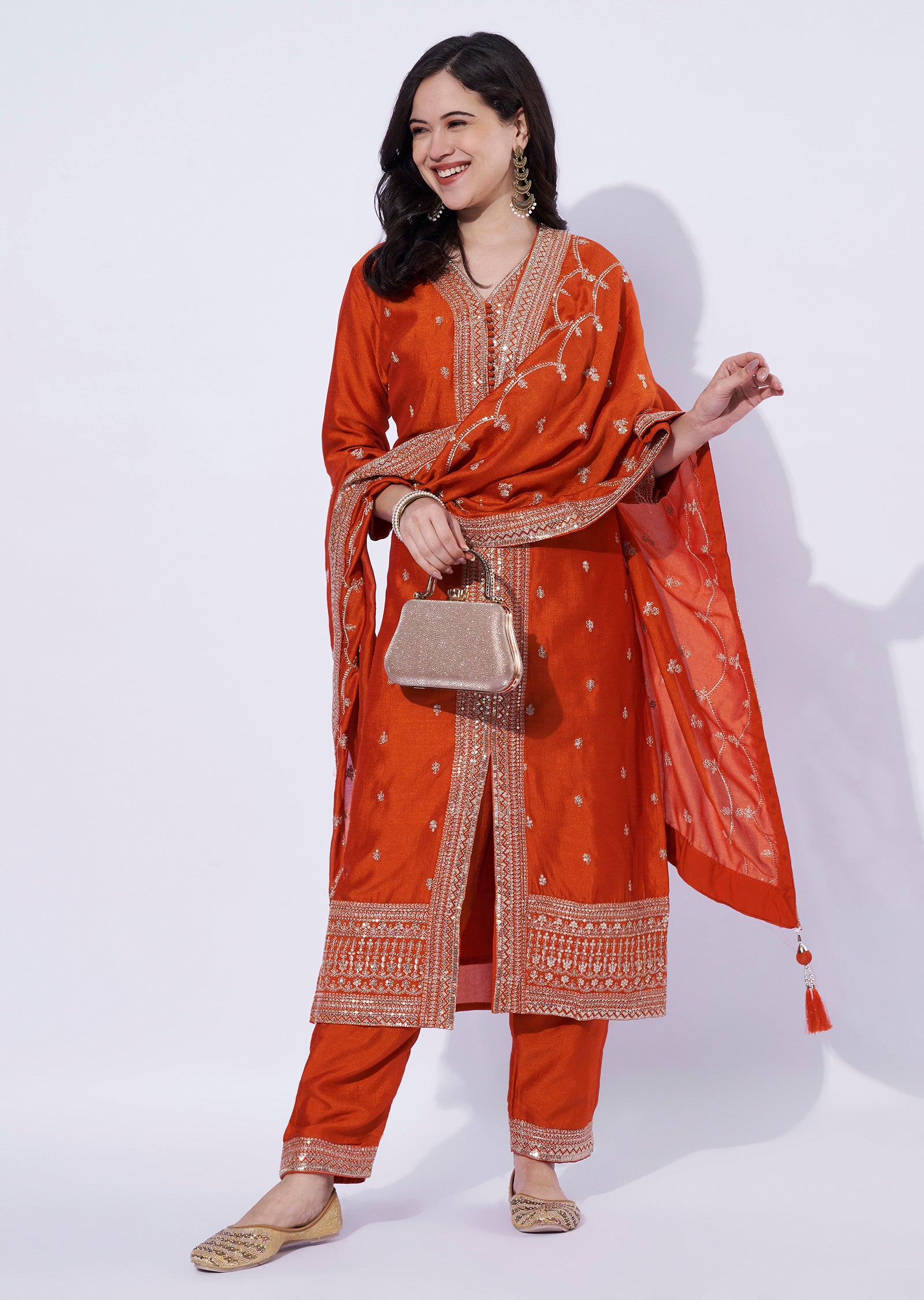 Orange Straight-Cut Embroidered Suit