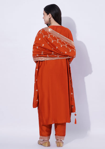 Orange Straight-Cut Embroidered Suit
