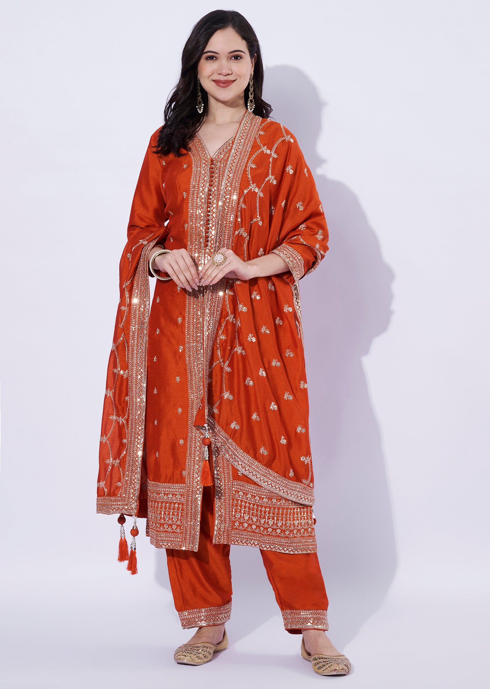 Orange Straight-Cut Embroidered Suit
