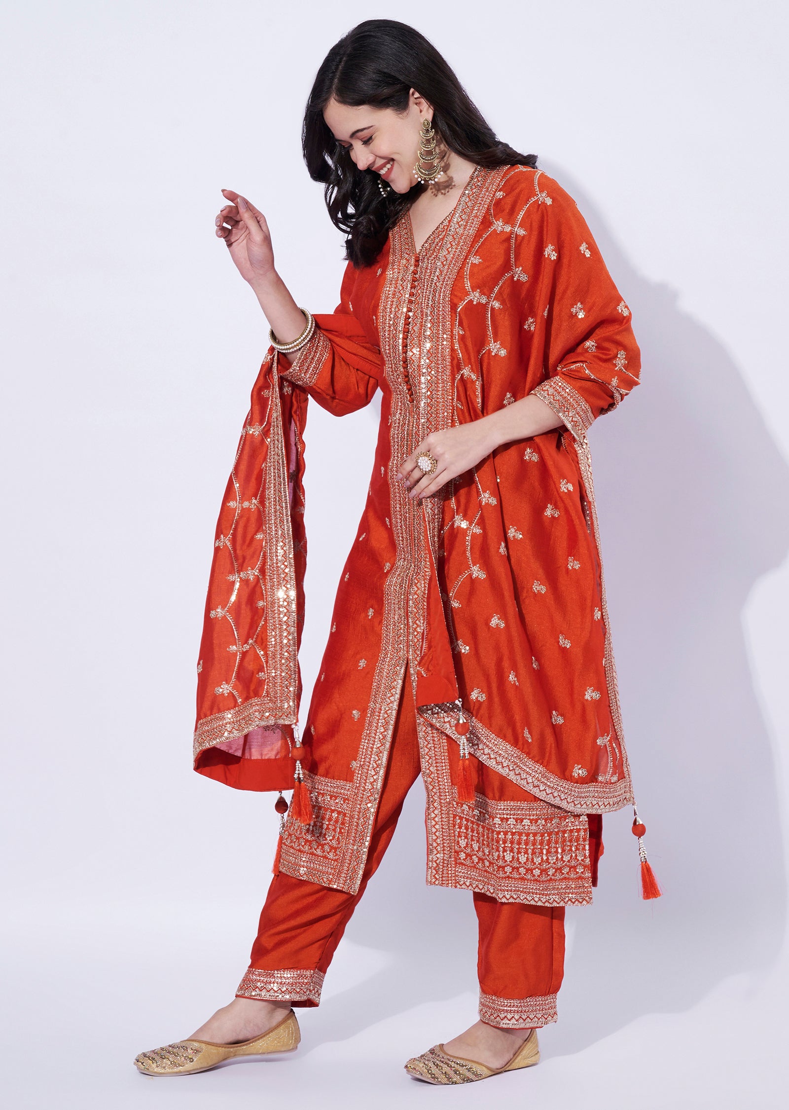 Orange Straight-Cut Embroidered Suit