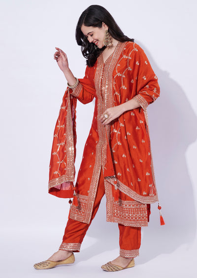 Orange Straight-Cut Embroidered Suit