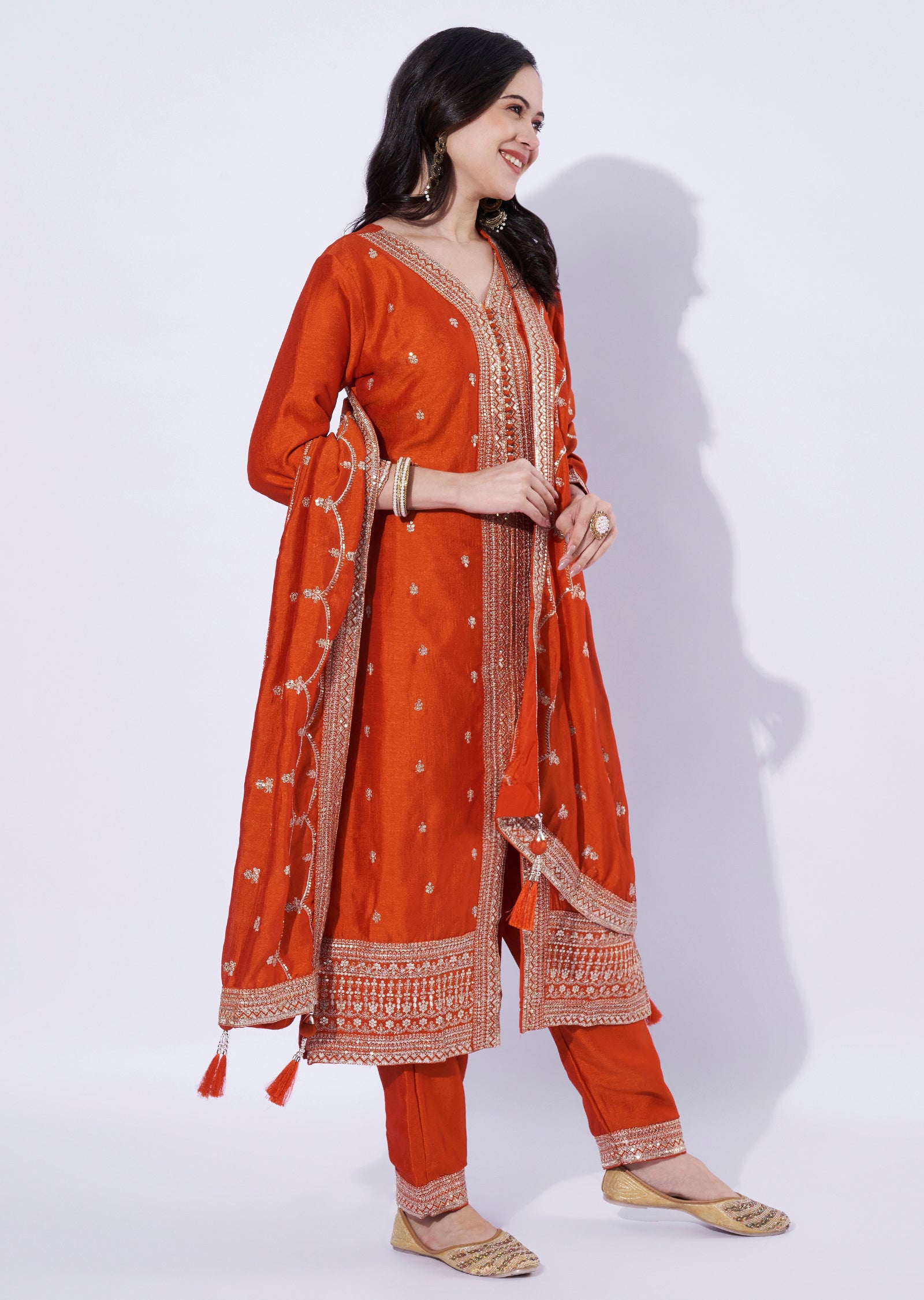Orange Straight-Cut Embroidered Suit