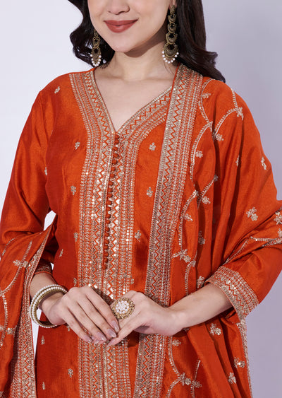 Orange Straight-Cut Embroidered Suit