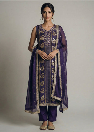Purple Banarasi Brocade Straight Suit