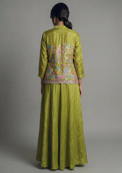 Green Indo Western Jacket Crop Top and Palazzo Set