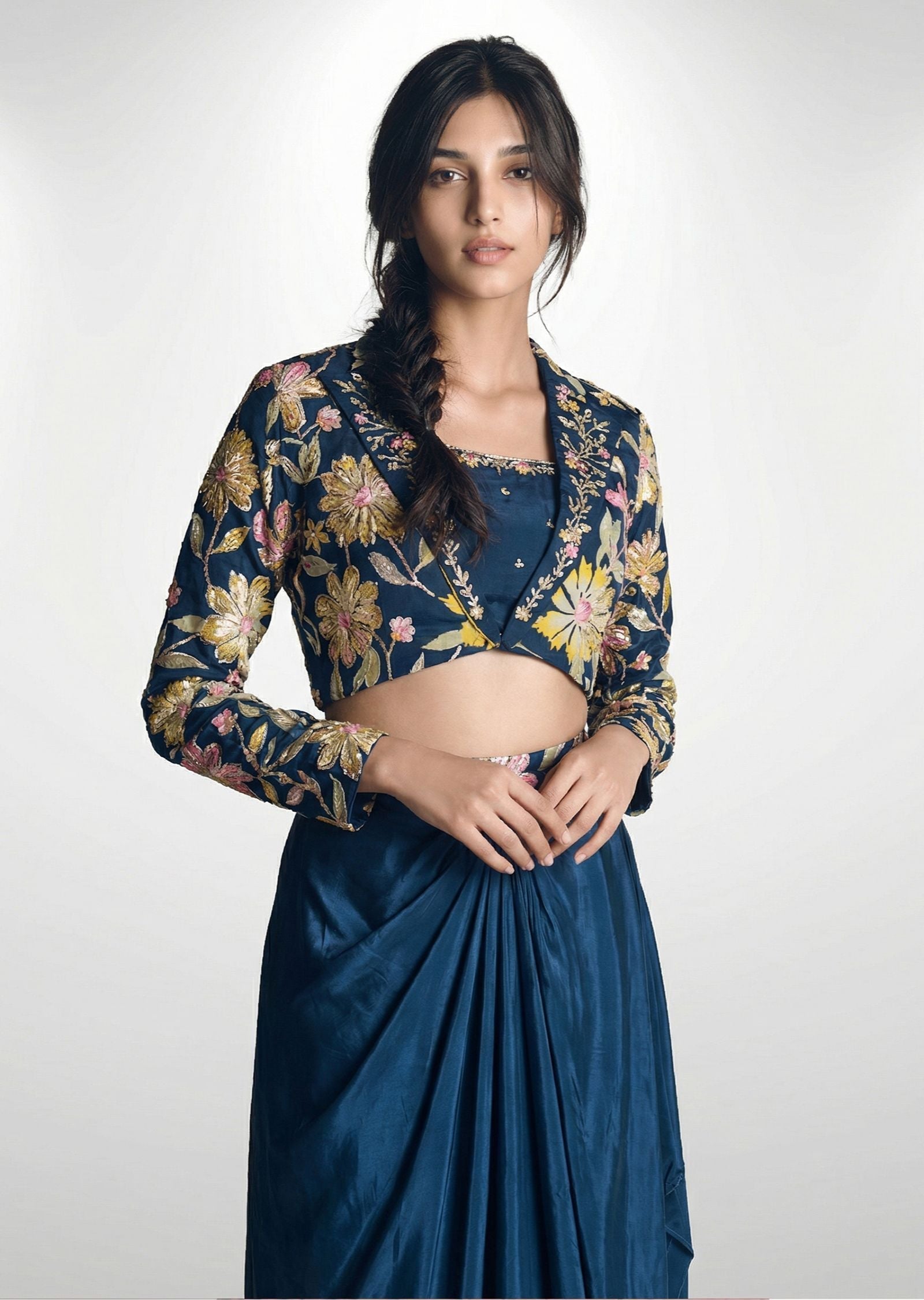 Teal Blue Draped Skirt And Printed Jacket Set