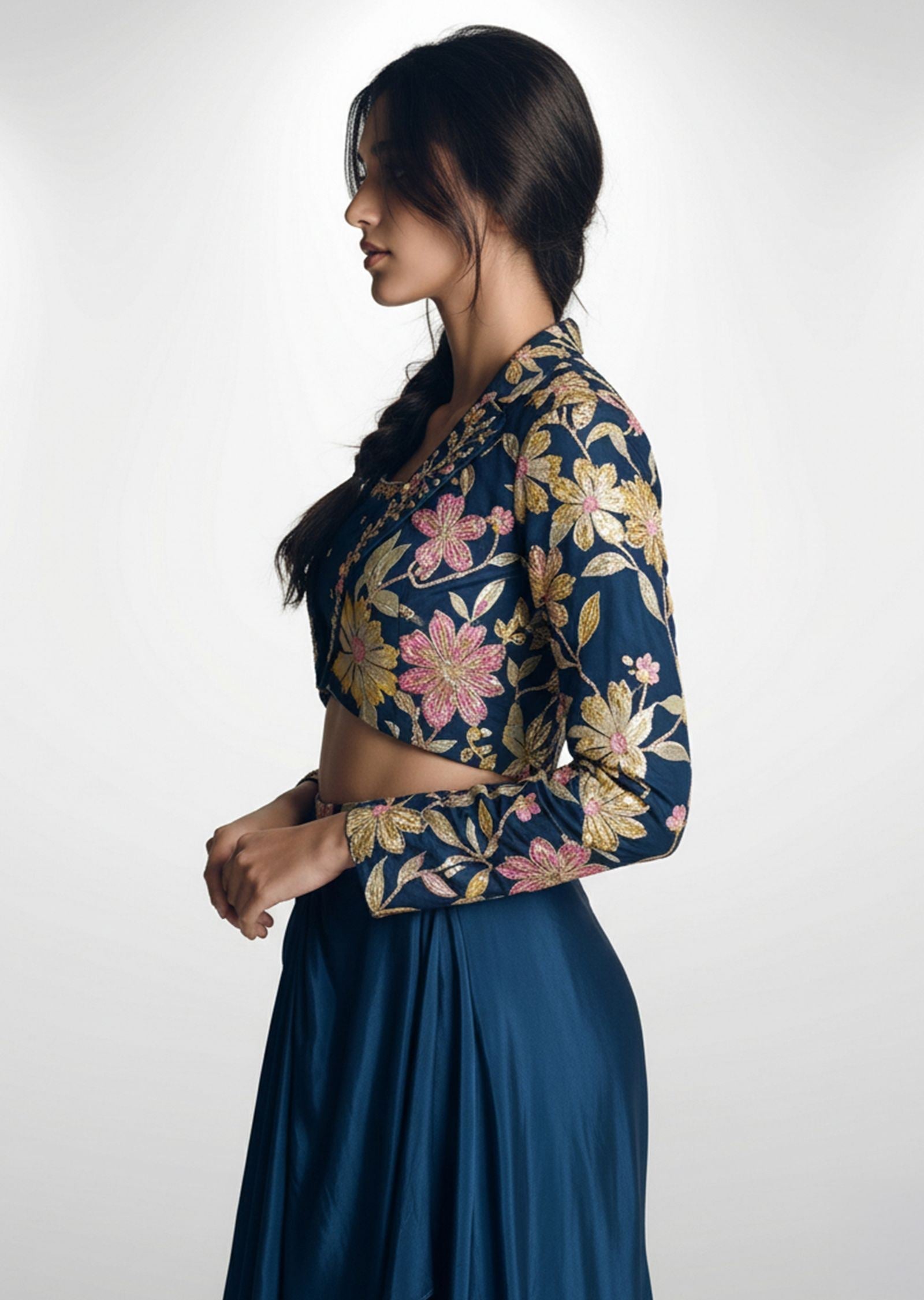 Teal Blue Draped Skirt And Printed Jacket Set