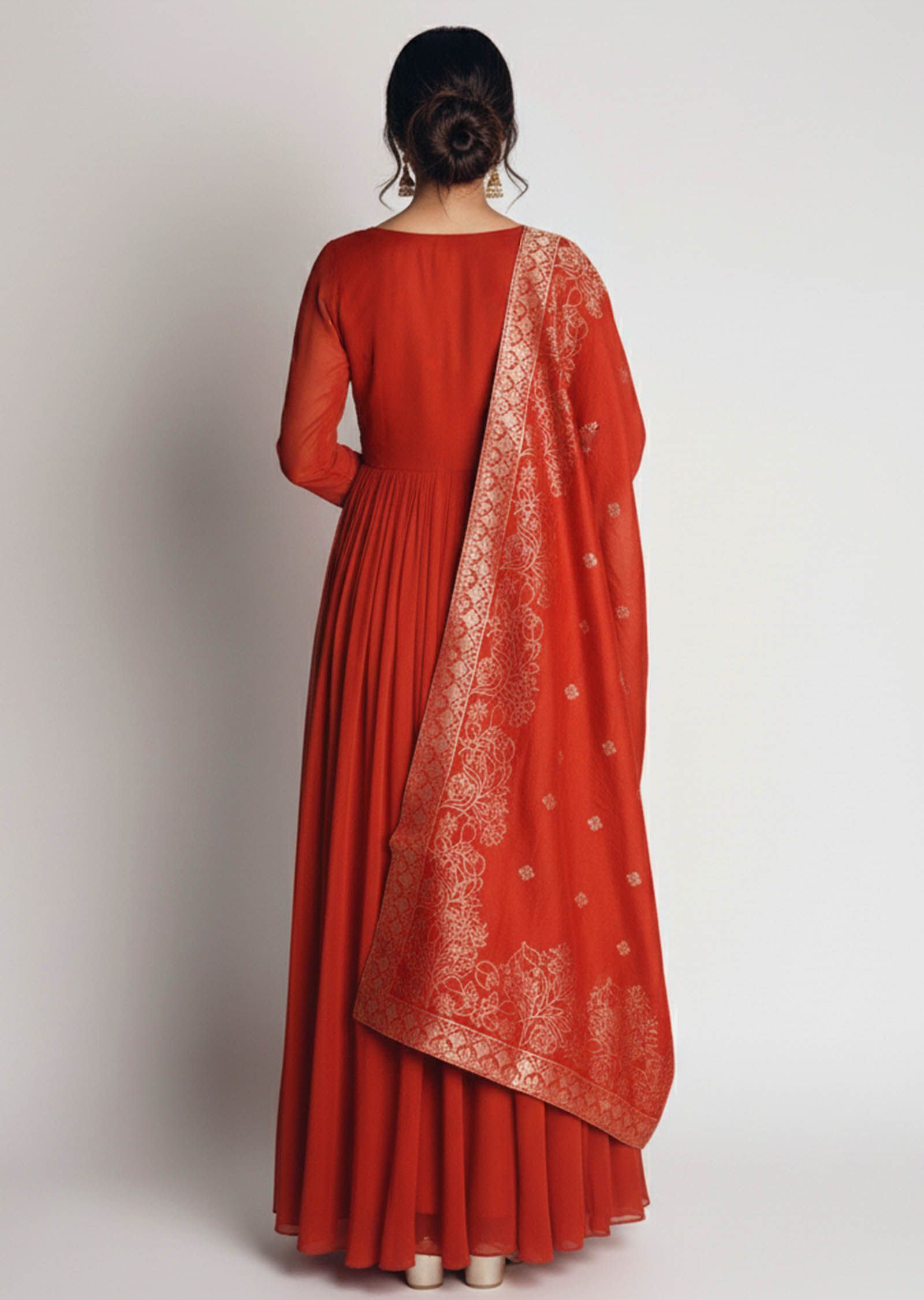Rust Orange Anarkali With Banarasi Dupatta