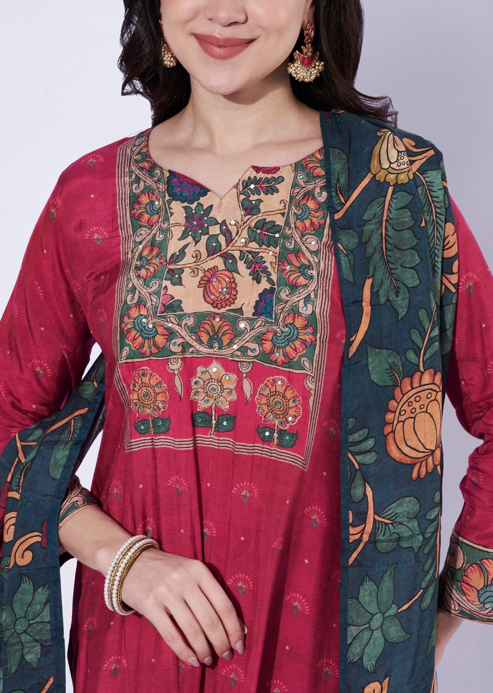 Maroon straight cut kurti with printed dupatta