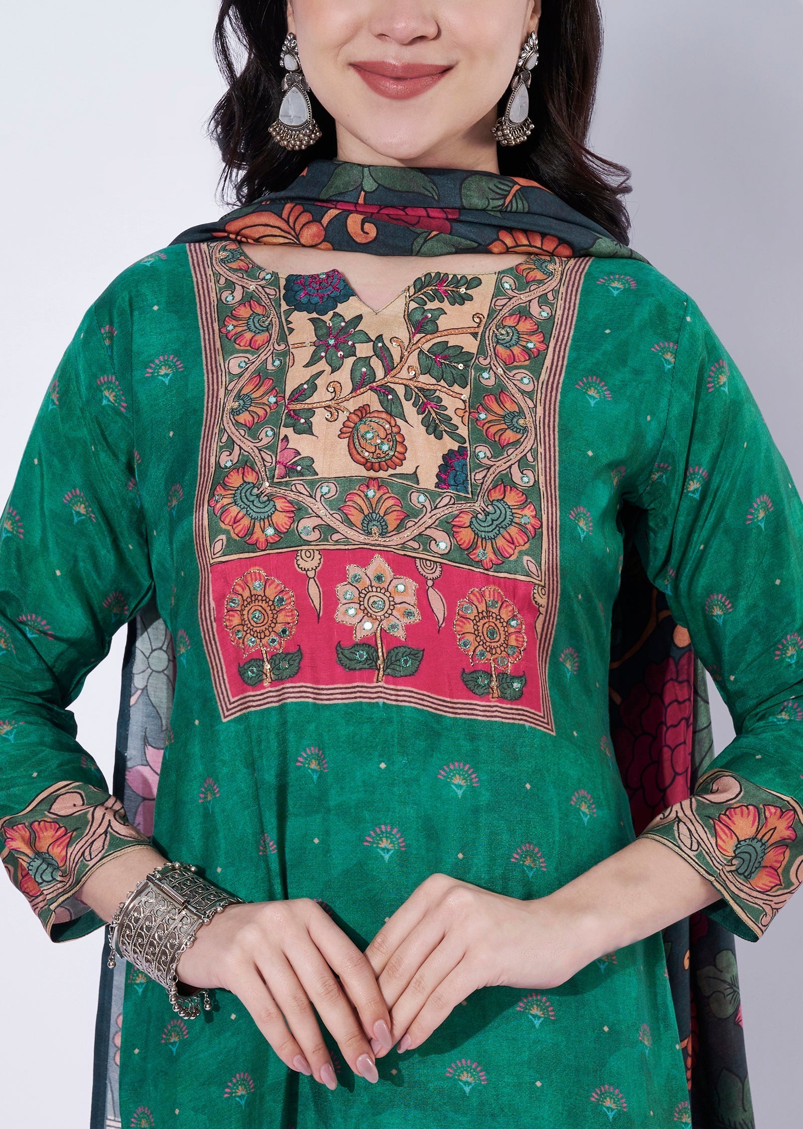 Green straight cut kurti with printed dupatta