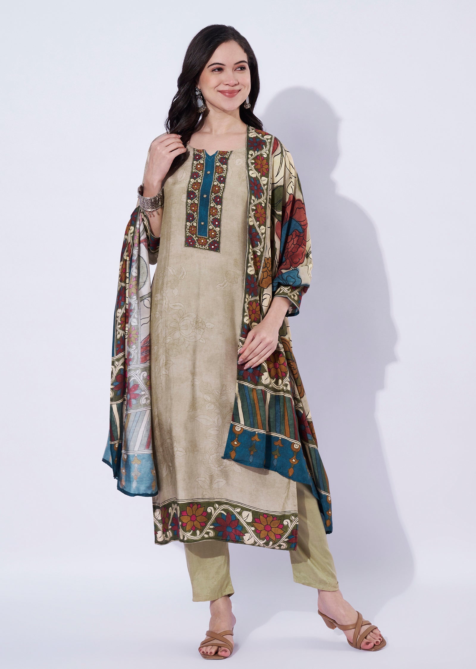Beige straight cut kurti set with printed dupatta