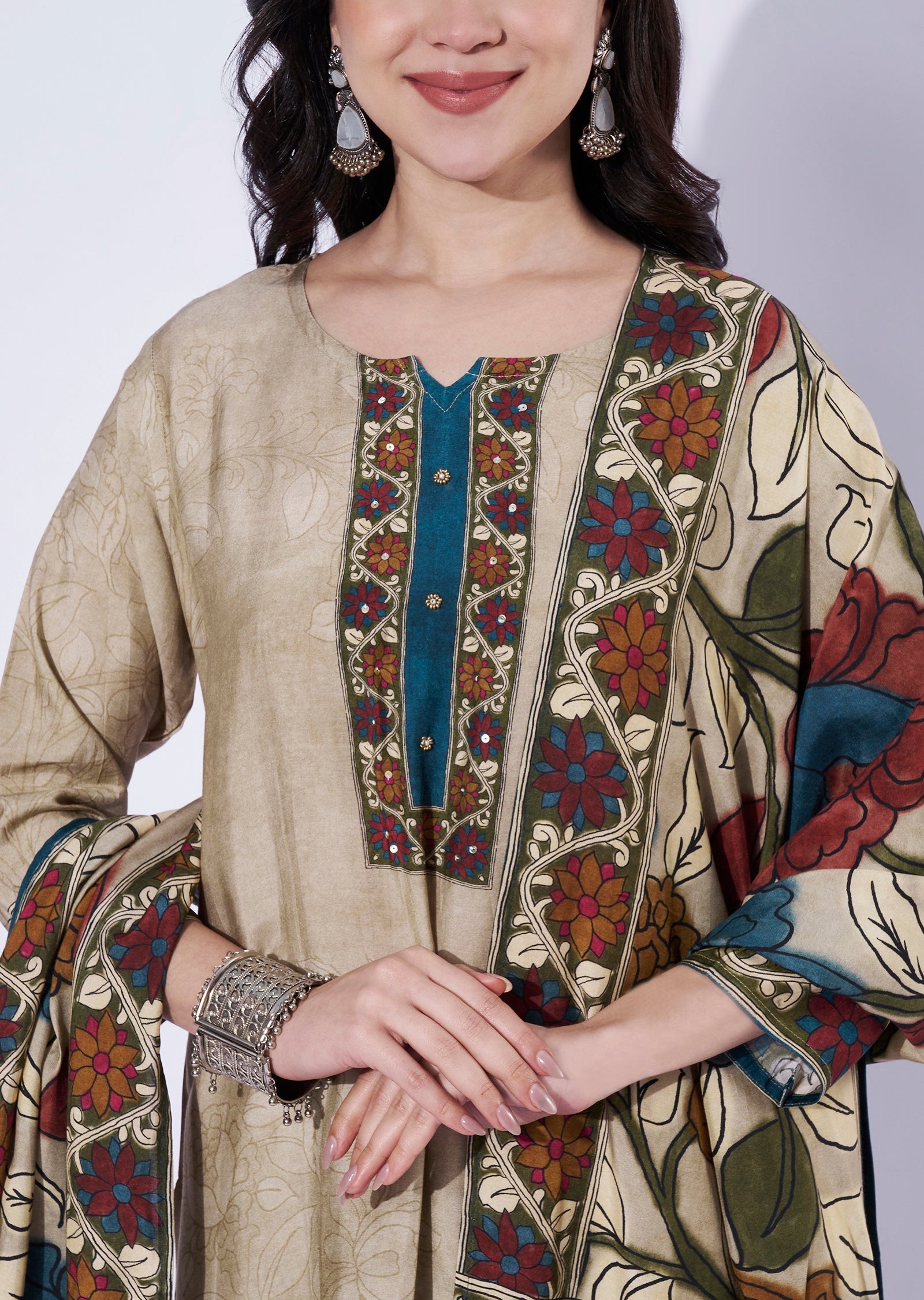 Beige straight cut kurti set with printed dupatta