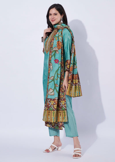 Sea green straight cut kurti set