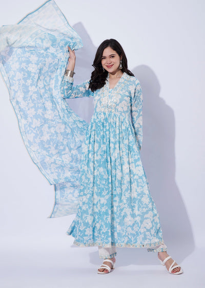 Light Blue Cotton Anarkali with Pant & Dupatta