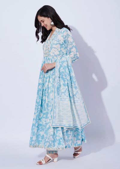 Light Blue Cotton Anarkali with Pant & Dupatta