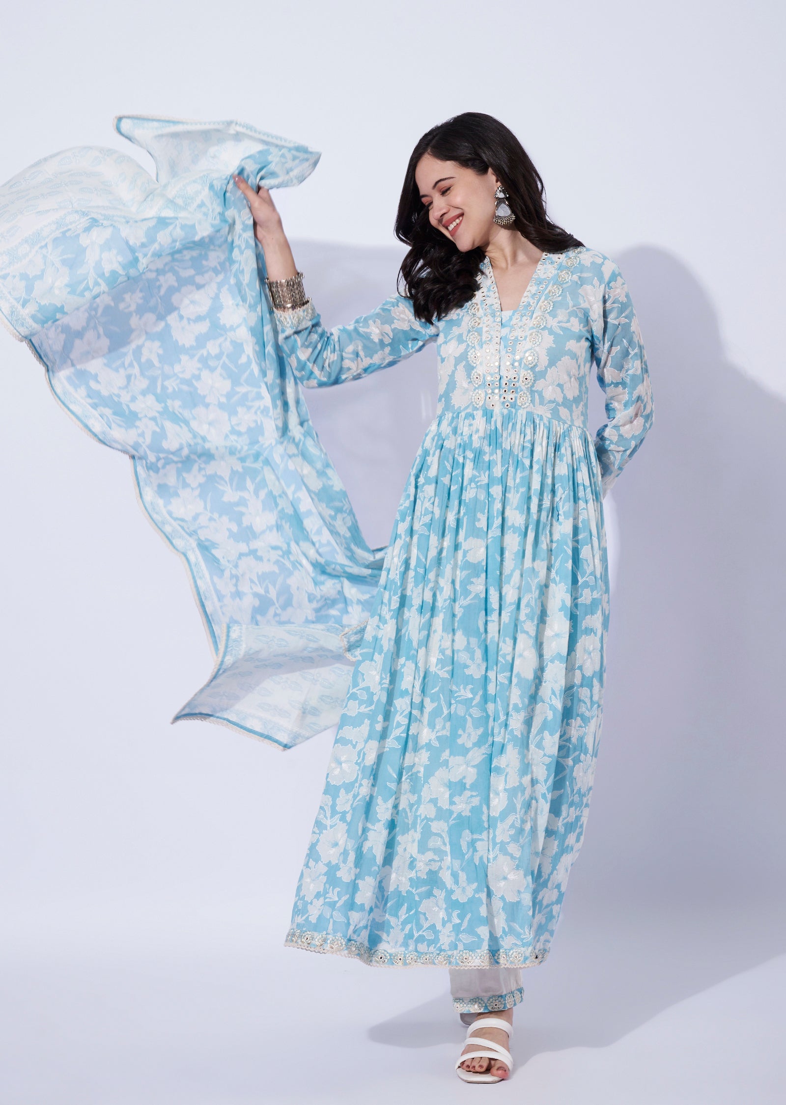Light Blue Cotton Anarkali with Pant & Dupatta