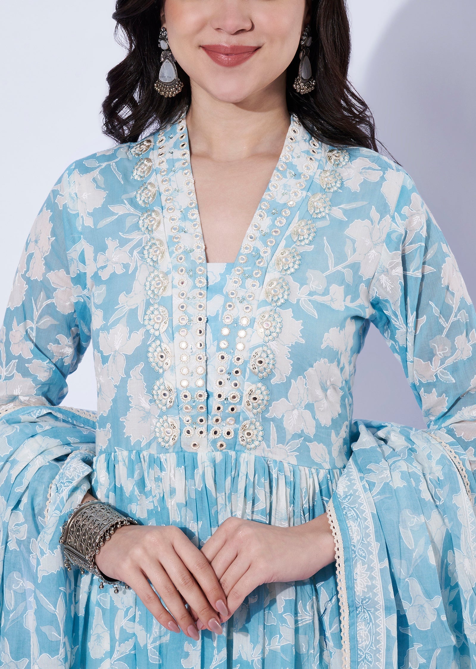 Light Blue Cotton Anarkali with Pant & Dupatta